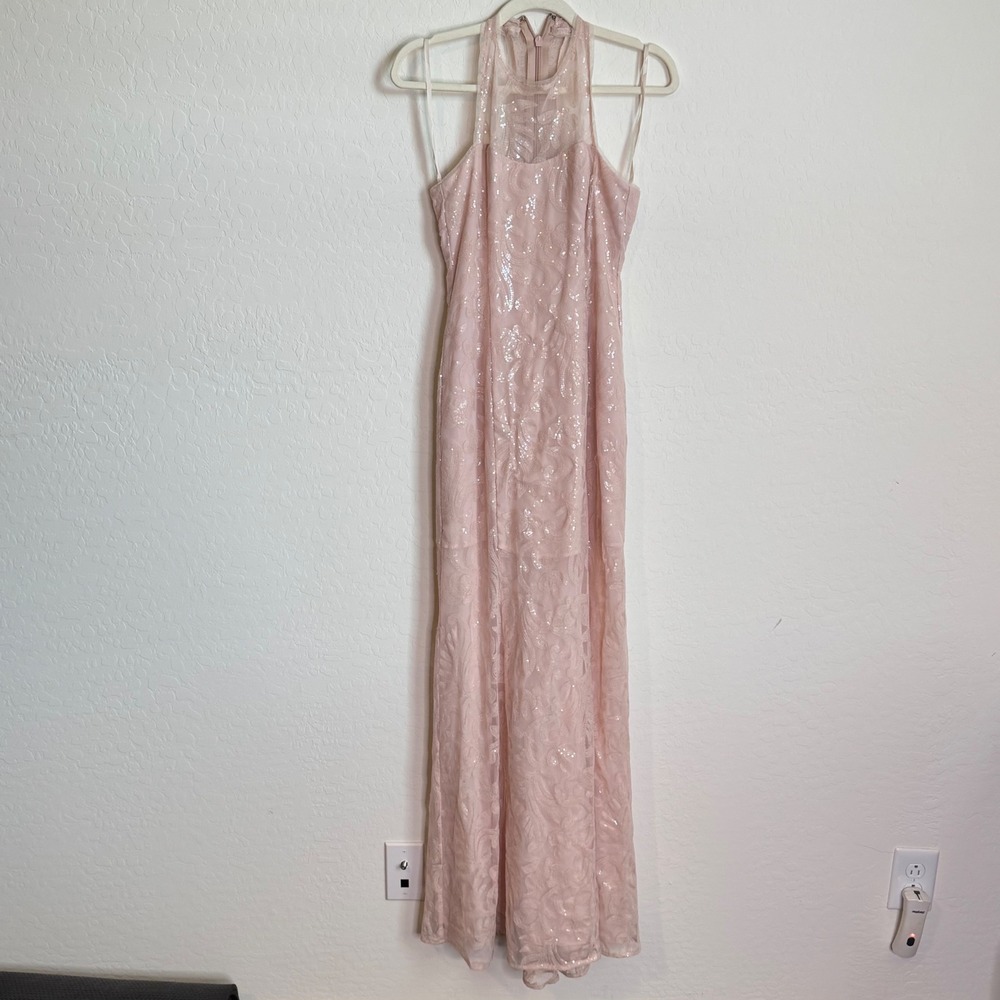 BCBGeneration Size 6 Sequin Halter Neckline Dress Blush Pink Wedding Boho Party